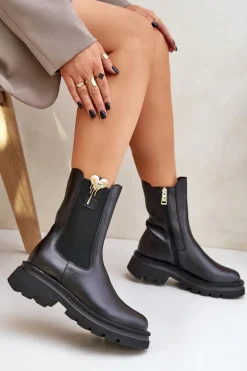 Skórzane Botki Sztyblety z Ozdobą CheBello 4537 Czarne