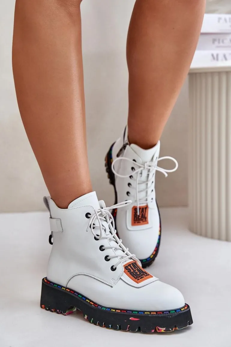 Skórzane Botki Trapery Damskie Na Zamek Artiker 55C0515 Białe