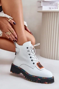 Skórzane Botki Trapery Damskie Na Zamek Artiker 55C0515 Białe