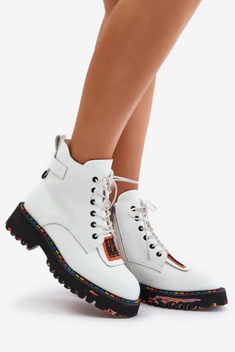 Skórzane Botki Trapery Damskie Na Zamek Artiker 55C0515 Białe