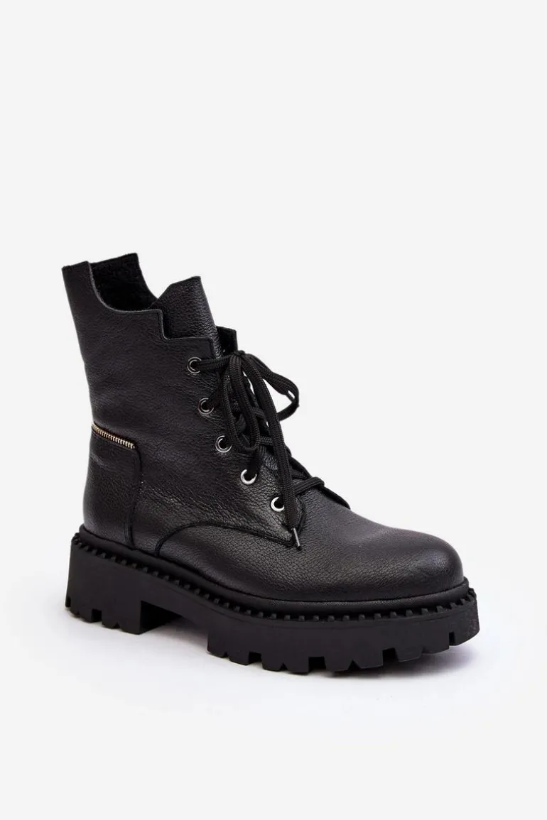 Skórzane Botki Trapery Damskie Na Suwak Zazoo 949P Czarne