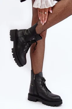 Skórzane Botki Trapery Damskie Na Suwak Zazoo 949P Czarne