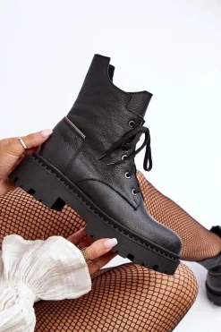 Skórzane Botki Trapery Damskie Na Suwak Zazoo 949P Czarne