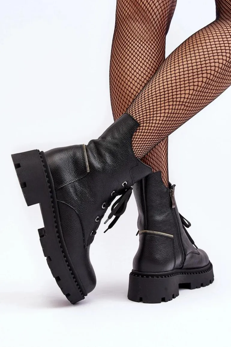 Skórzane Botki Trapery Damskie Na Suwak Zazoo 949P Czarne