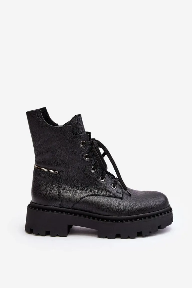 Skórzane Botki Trapery Damskie Na Suwak Zazoo 949P Czarne