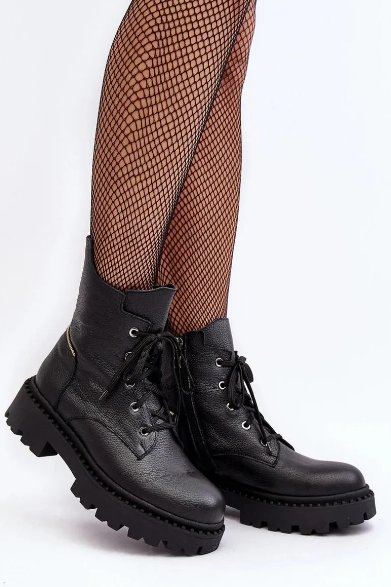 Skórzane Botki Trapery Damskie Na Suwak Zazoo 949P Czarne