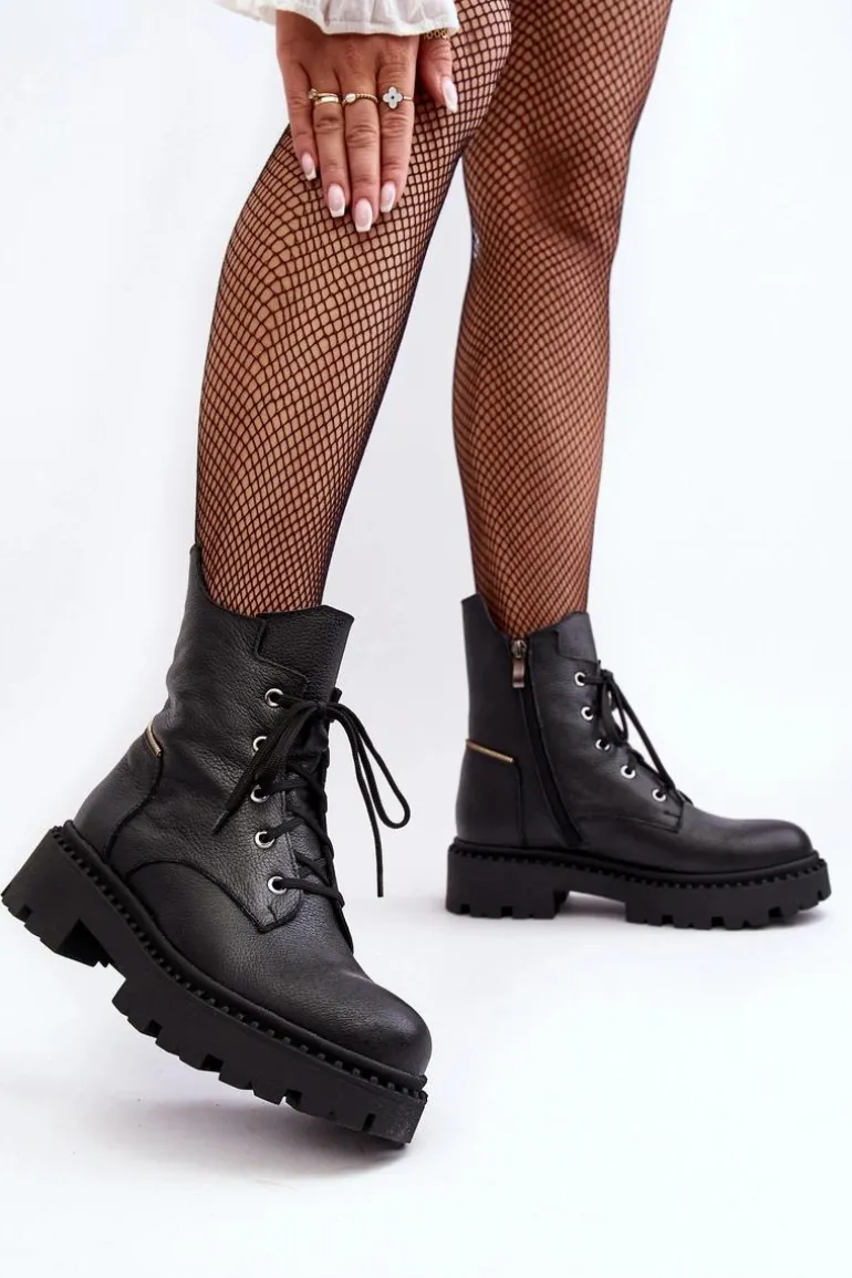 Skórzane Botki Trapery Damskie Na Suwak Zazoo 949P Czarne