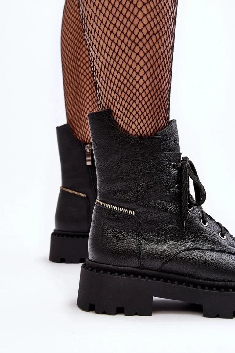 Skórzane Botki Trapery Damskie Na Suwak Zazoo 949P Czarne