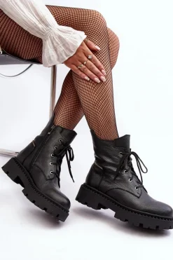 Skórzane Botki Trapery Damskie Na Suwak Zazoo 949P Czarne