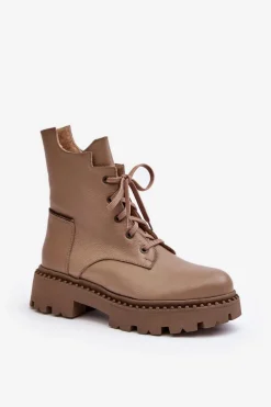 Skórzane Botki Trapery Damskie Na Suwak Zazoo 949P Ciemnobeżowe