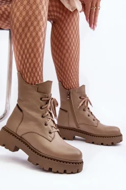 Skórzane Botki Trapery Damskie Na Suwak Zazoo 949P Ciemnobeżowe