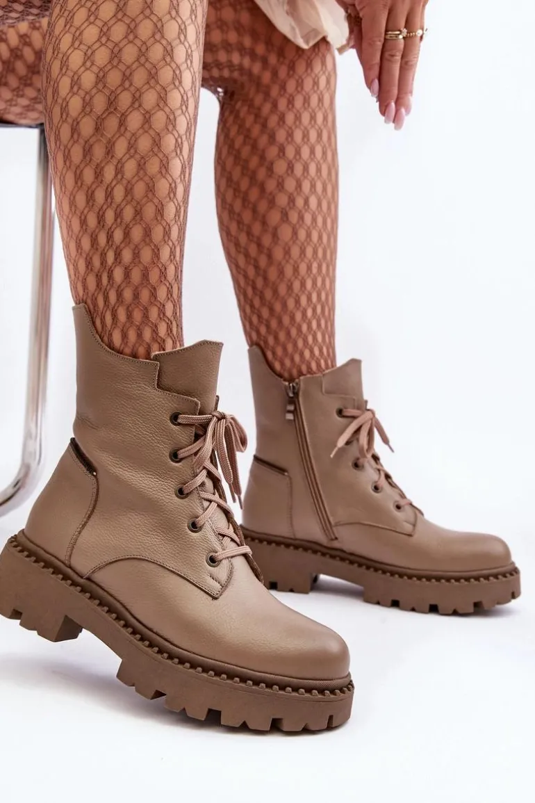 Skórzane Botki Trapery Damskie Na Suwak Zazoo 949P Ciemnobeżowe