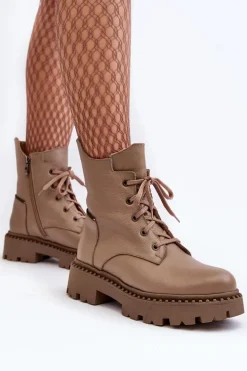 Skórzane Botki Trapery Damskie Na Suwak Zazoo 949P Ciemnobeżowe