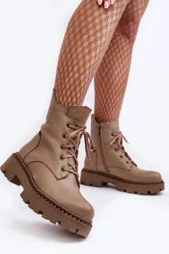 Skórzane Botki Trapery Damskie Na Suwak Zazoo 949P Ciemnobeżowe