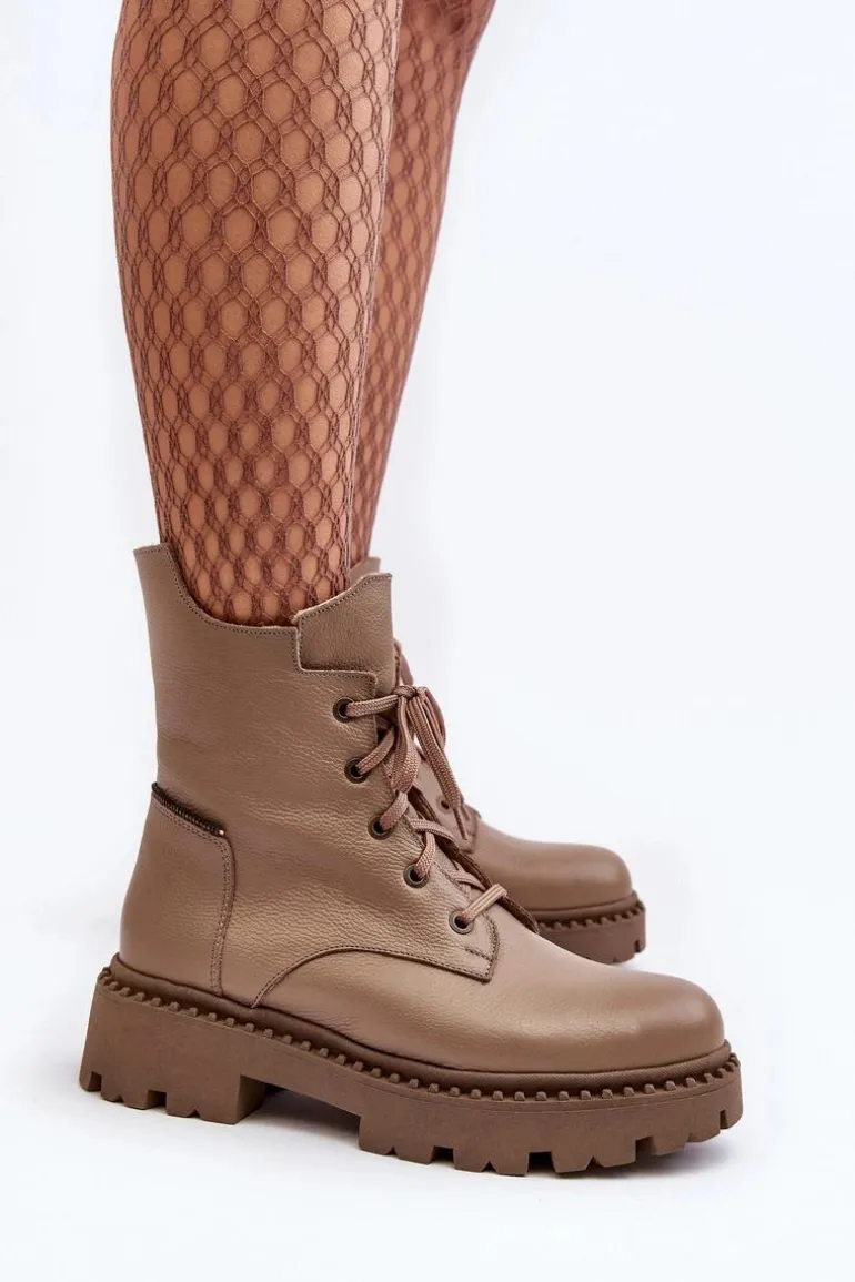 Skórzane Botki Trapery Damskie Na Suwak Zazoo 949P Ciemnobeżowe