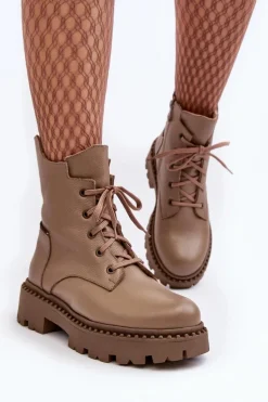 Skórzane Botki Trapery Damskie Na Suwak Zazoo 949P Ciemnobeżowe