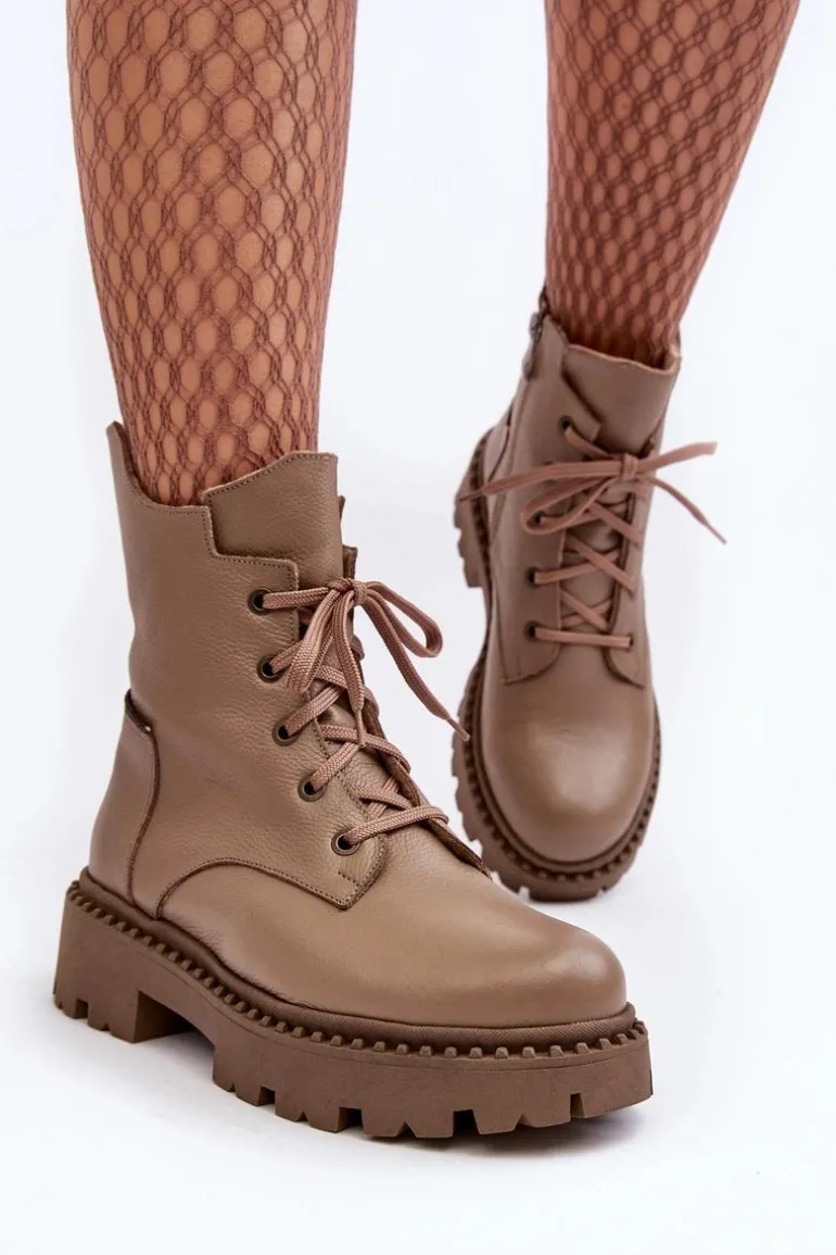 Skórzane Botki Trapery Damskie Na Suwak Zazoo 949P Ciemnobeżowe