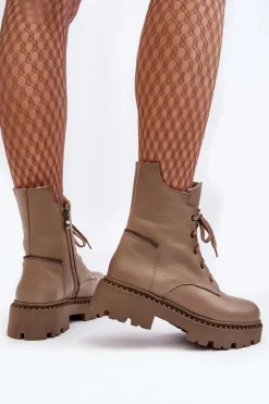 Skórzane Botki Trapery Damskie Na Suwak Zazoo 949P Ciemnobeżowe