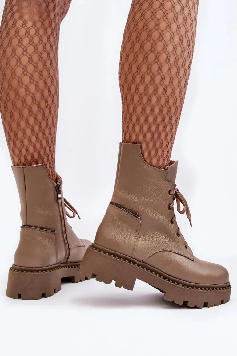 Skórzane Botki Trapery Damskie Na Suwak Zazoo 949P Ciemnobeżowe