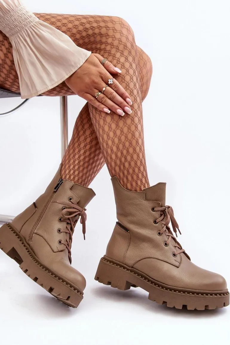 Skórzane Botki Trapery Damskie Na Suwak Zazoo 949P Ciemnobeżowe