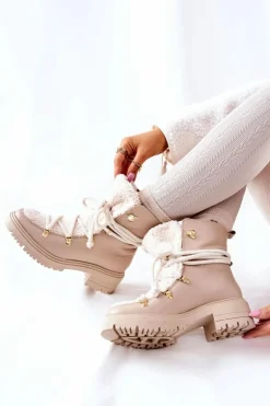 Skórzane Botki Trapery Wiązane Lewski Jasnobeżowe 3116