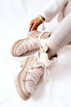 Skórzane Botki Trapery Wiązane Lewski Jasnobeżowe 3116