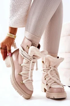 Skórzane Botki Trapery Wiązane Lewski Beżowe 3116