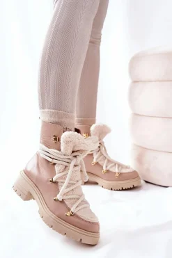 Skórzane Botki Trapery Wiązane Lewski Beżowe 3116