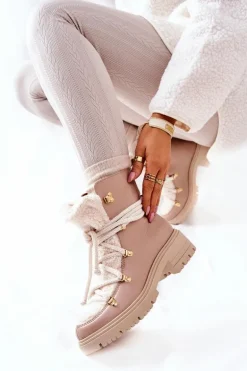 Skórzane Botki Trapery Wiązane Lewski Beżowe 3116