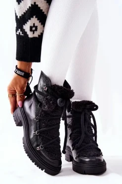 Skórzane Botki Trapery Wiązane Lewski Czarne 3116