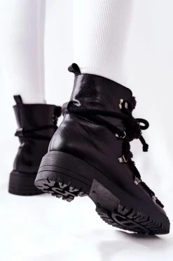 Skórzane Botki Trapery Wiązane Lewski Czarne 3116