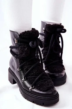 Skórzane Botki Trapery Wiązane Lewski Czarne 3116