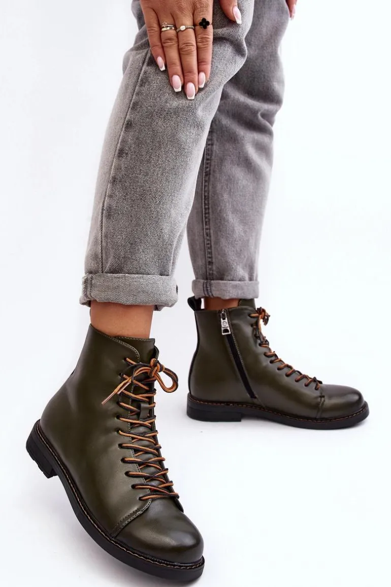 Skórzane Botki Trzewiki Damskie Zielone Ethel