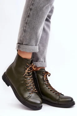 Skórzane Botki Trzewiki Damskie Zielone Ethel