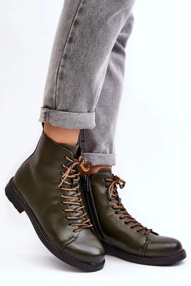 Skórzane Botki Trzewiki Damskie Zielone Ethel