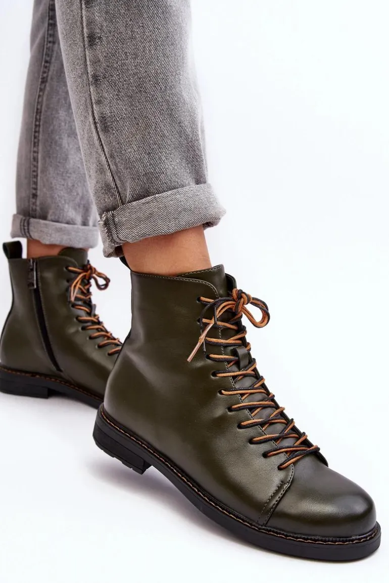 Skórzane Botki Trzewiki Damskie Zielone Ethel