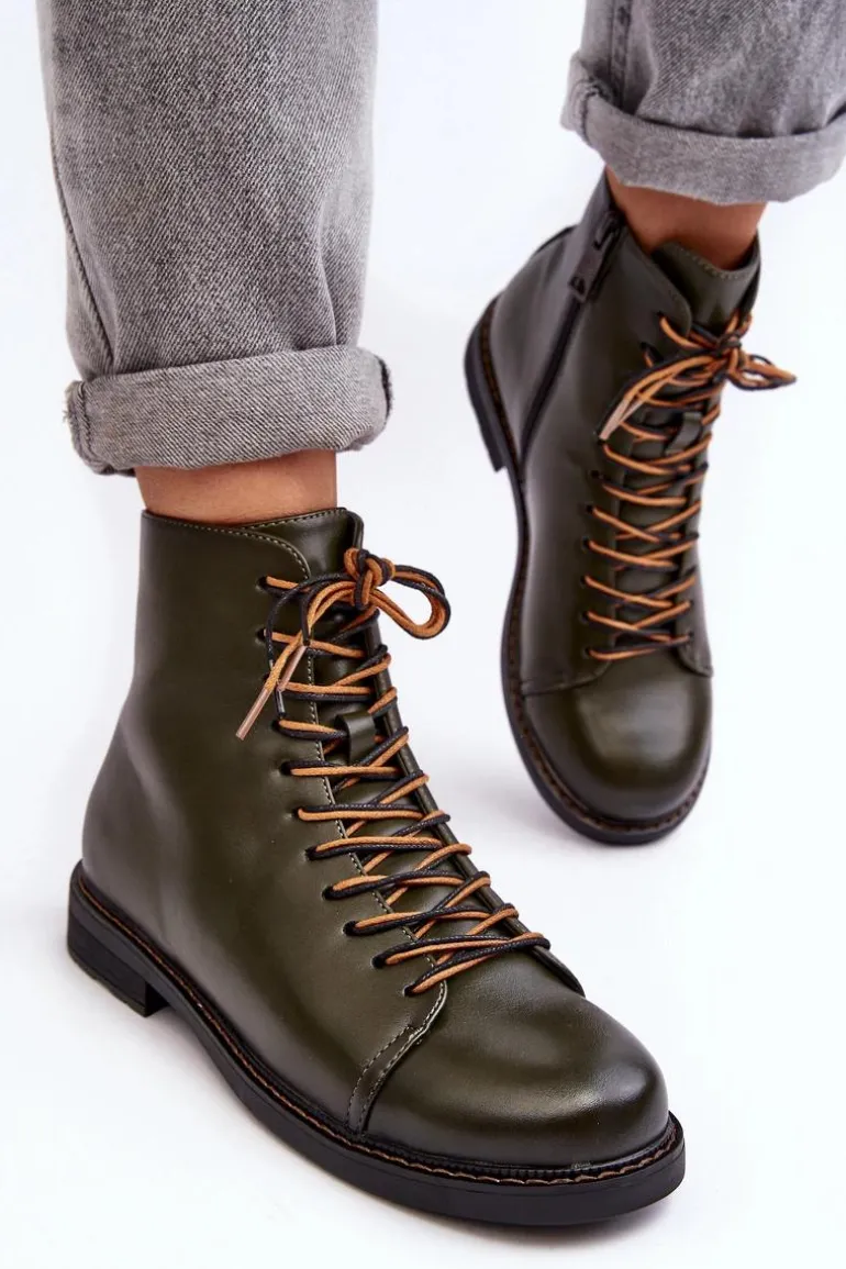 Skórzane Botki Trzewiki Damskie Zielone Ethel