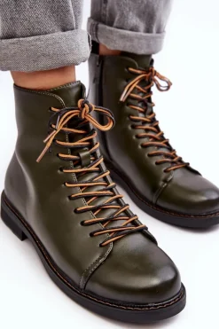 Skórzane Botki Trzewiki Damskie Zielone Ethel