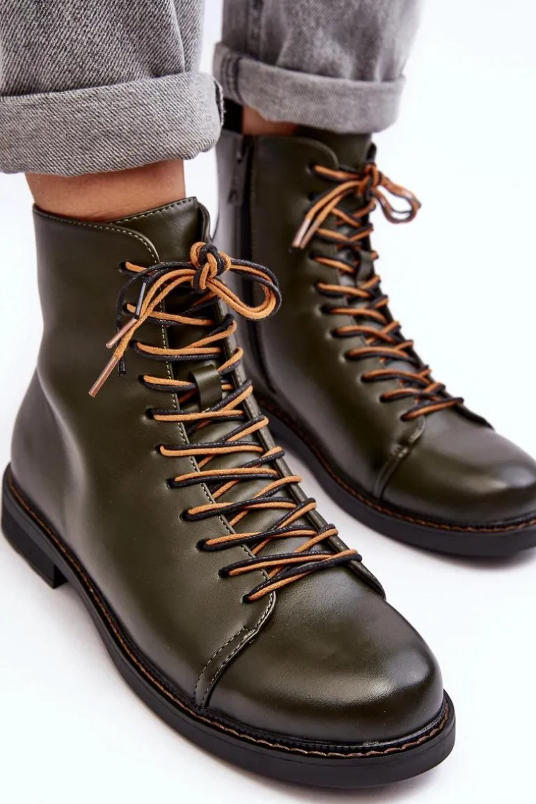 Skórzane Botki Trzewiki Damskie Zielone Ethel