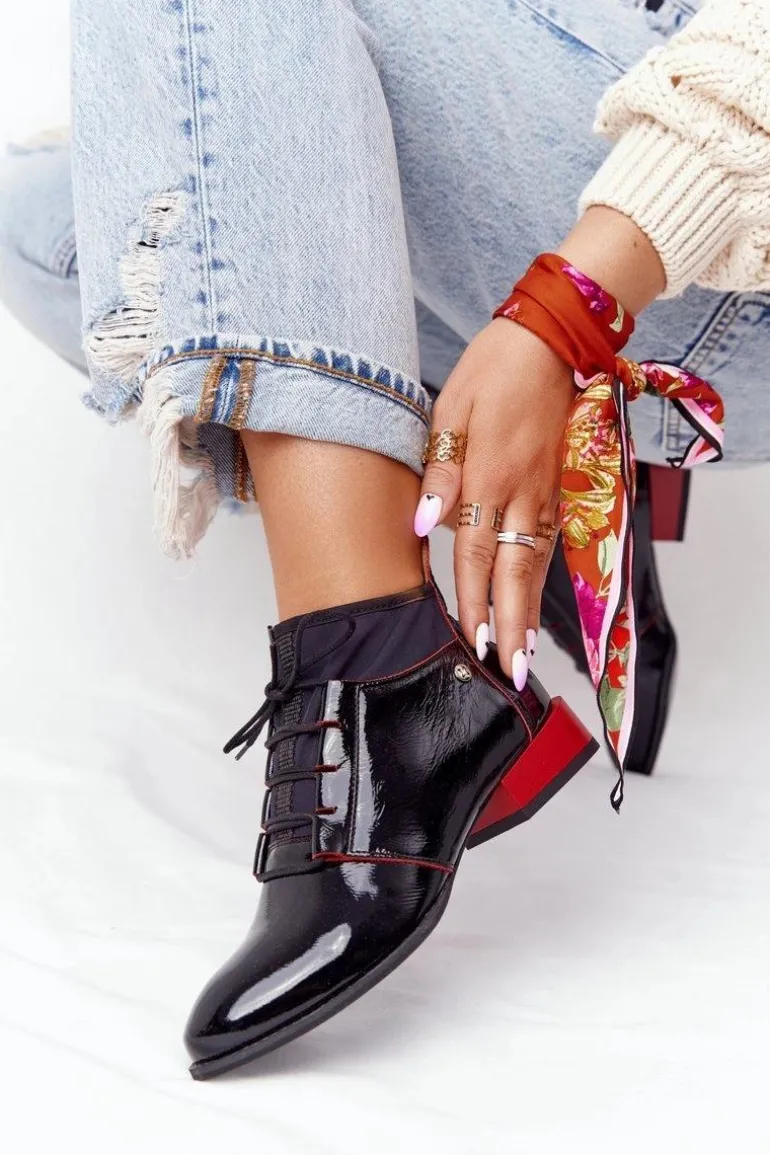 Skórzane Botki Trzewiki Maciejka 04744-16 Czarno-Czerwone