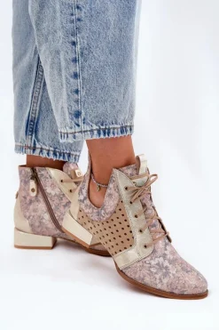 Skórzane Botki Trzewiki Maciejka 05541-04 Beżowo-Złote