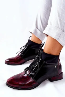 Skórzane Botki Trzewiki Maciejka Marmurki Bordowe 04744-29
