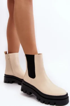 Skórzane Botki Workery Beżowe Loretta