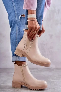 Skórzane Botki Workery Beżowe Ferra