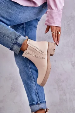 Skórzane Botki Workery Beżowe Ferra