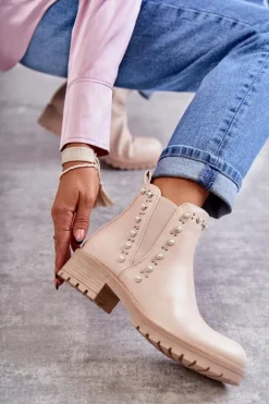 Skórzane Botki Workery Beżowe Ferra