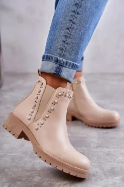 Skórzane Botki Workery Beżowe Ferra