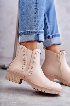 Skórzane Botki Workery Beżowe Ferra