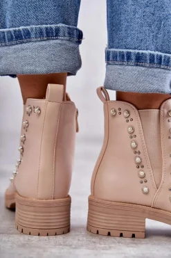 Skórzane Botki Workery Beżowe Ferra