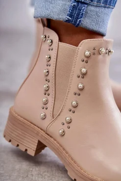 Skórzane Botki Workery Beżowe Ferra